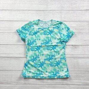 Lands’ End Girls Rash Guard Swim Shirt Short Sleeve Starfish Coral Print L 14
